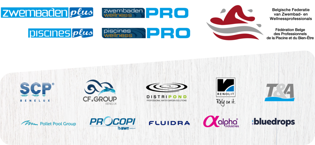 Wedstrijd 'Belgische Zwembad-, Wellness- en Zwemvijverbouwer 2023-2024'. Logo's van de sponsors en organisator.